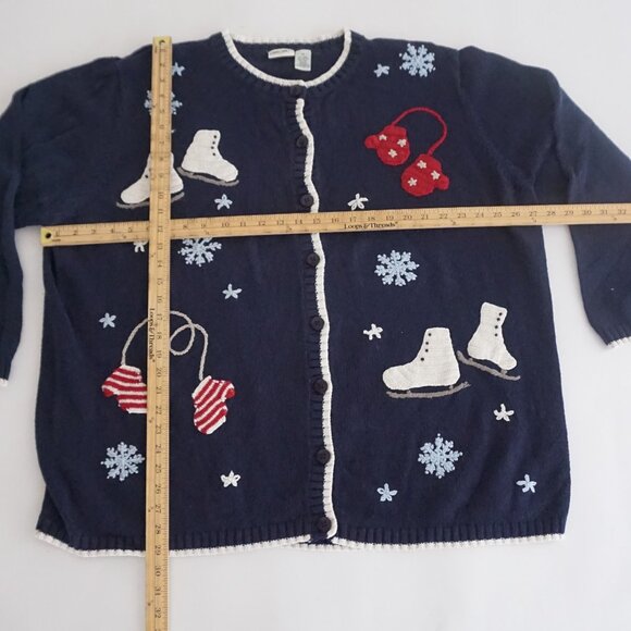 Vintage Cherokee Navy Blue Ice Skates Mittens Winter Button Cardigan Festive 3X - Picture 2 of 11